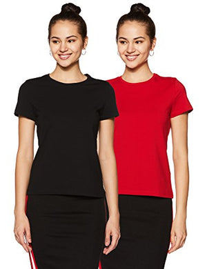 Amazon Brand - Symbol Women's Solid Regular Fit Half Sleeve T-Shirt (RN-PO2-COMBO1-Black & Red-XL) (Combo Pack of 2)