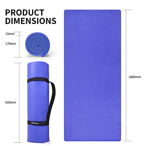 PROIRON Exercise (BLUE)Yoga Mat 15mm Extra Thick, Pilates Mat Non-Slip Gym Fitness Mat for Workout with Carrying Strap -1800mm x 610mm x 15mm