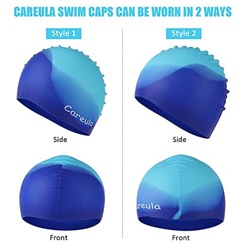 Image of Swim Cap, 2 Pack Durable Silicone Swimming Caps for Kids Girls Boys Youths (Age 2-12), Soft 3D Ergonomic Waterproof Kids Swim Caps, Comfortable Fit for Long Hair and Short Hair