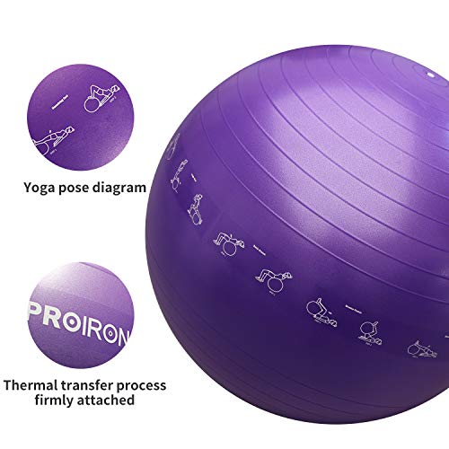 PROIRON Printed Yoga Ball-65cm Purple Exercise Ball with Postures Shown on The Yoga Ball, Pregnancy Ball, Anti-Burst Gym Ball, Swiss Ball with Pump, Birthing Ball for Yoga, Pilates, Fitness, Labour