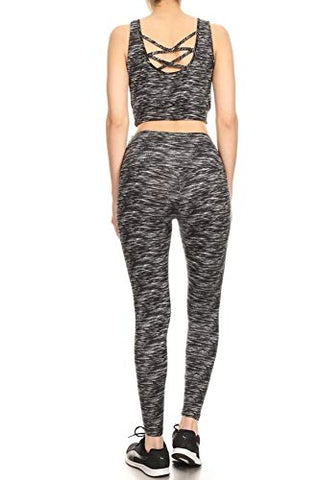 Image of Shosho Womens 2 Piece Activewear Sets Sports Tops and Yoga Bottoms Casual Outfits Criss Cross Crop Tank & High Rise Leggings Spacedye Black/White X-Large