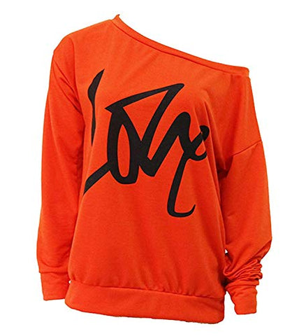 Yanekop Womens Love Sweatshirt Letter Print Off The Shoulder Slouchy Pullover(Orange,S)