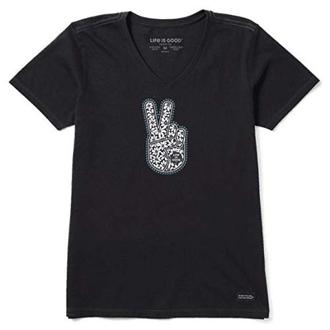 Image of Life is Good Women's Crusher Vee T-Shirt Floral Peace Hand, Jet Black, X-Small