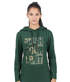 TEES PARK Women's Hooded Printed Full Sleeve Tshirt (Forest Green, X-Large)