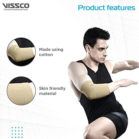 Image of Vissco Elbow Support Relief Belt for Elbow Joint Pain, Sport Injuries, Tennis Elbow, Joint Sprain & Strain For Men & Women | Elbow Support for Gym | Sleeves for Cricket, Volleyball - XL (Beige)