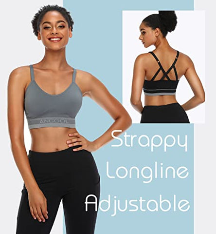 Image of ANGOOL Women's Strappy Sports Bra with Adjustable Straps - Medium Support Longline Wirefree Activewear Bra,2 Pack,Black+Grey,Medium