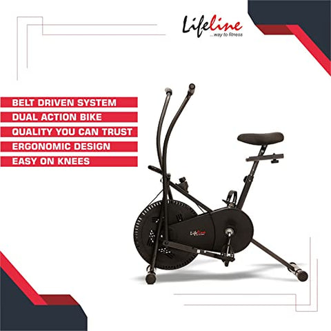 Image of Lifeline Fitness LE-103 Air Bike Exercise Indoor Cycle with Moving and Stationary Handles for Home Gym Workout with Vertically and Horizontally Adjustable Seat, Adjustable Resistance, LCD Display for Weight Loss at Home