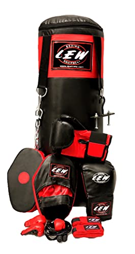 LEW Punching Bag 10 Piece Boxing Set Filled with Heavy Bag Gloves Ceiling Hook Chains Hand Wraps Training Kickboxing Muay Thai MMA Punching Bags