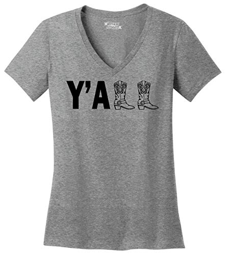 Ladies V-Neck Tee Y'all Cute Western Southern Country Cowgirl Cowboy Boots Shirt Sport Grey 3XL