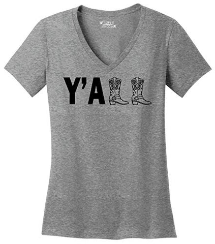 Image of Ladies V-Neck Tee Y'all Cute Western Southern Country Cowgirl Cowboy Boots Shirt Sport Grey 3XL