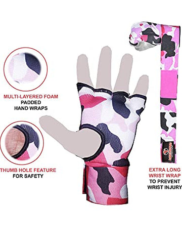 Image of FIGHTSENSE Padded Gel Inner Gloves with Long Wraps for Boxing MMA Wrist Hand Wraps Muay Thai Under Gloves Training Pair (Camo Pink, Small)