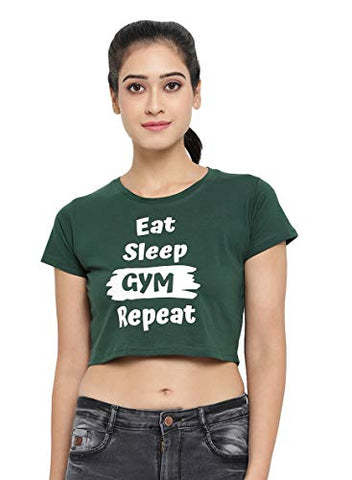 Image of The Dance Bible Women Printed Cotton Crop Top for Dance, Fitness, Yoga, (Eat Sleep Gym Repeat, Green, Medium)