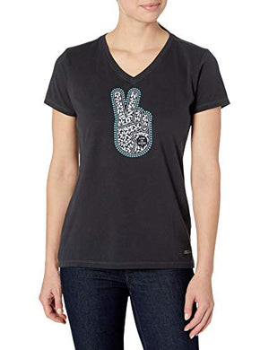 Life is Good Women's Crusher Vee T-Shirt Floral Peace Hand, Jet Black, X-Small