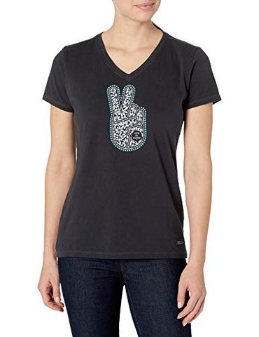 Image of Life is Good Women's Crusher Vee T-Shirt Floral Peace Hand, Jet Black, X-Small