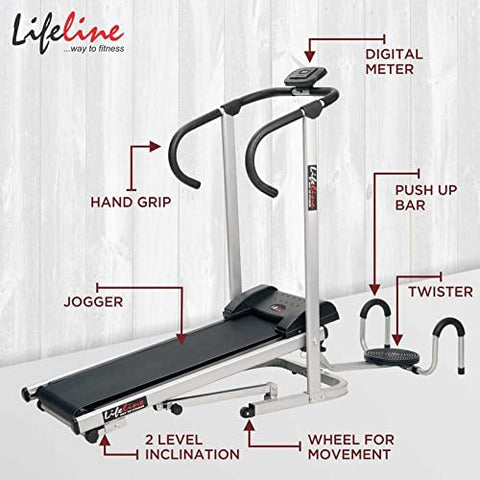 Image of Life Line 3 In 1 Fitness Manual Treadmill with Twister and Pushup Bar for Weight Loss at Home (Silver, Black)