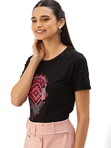 Image of Fabricorn Stylish Plain Black Printed Cotton Tshirt for Women (Black, Large)