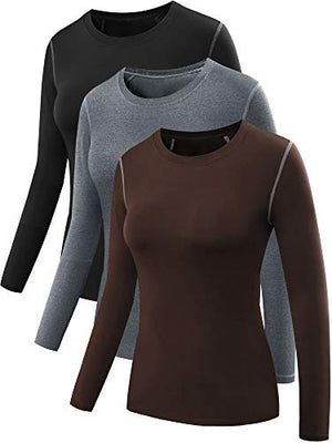 Neleus Women's 3 Pack Dry Fit Athletic Compression Long Sleeve T Shirt,8019,Black/Grey/Coffee,XL