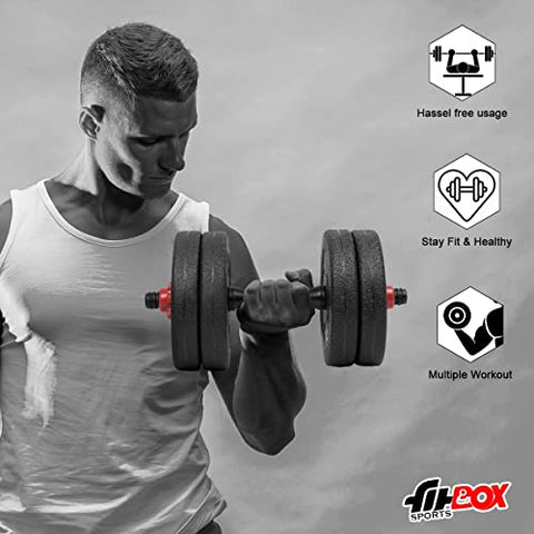Image of FitBox Sports 3 In 1 Convertible Adjustable Dumbbells kit With Button Shaped Plates 20 Kg (2kg x 4 + 3kg x 4), Black