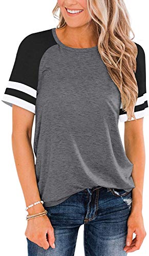 Short Sleeve Shirts for Women Color Block Striped Tee Crew Neck Casual Tunic Tops Summer Clothes Workout Yoga Athletic T-Shirt Loose Fit Blouses Running Sport Shirts Gray