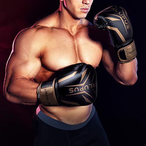 Liberlupus Cool Style Boxing Gloves for Men & Women, Boxing Training Gloves, Kickboxing Gloves, Sparring Gloves, Heavy Bag Gloves for Boxing, Kickboxing, Muay Thai, MMA(Black & Golden, 12 oz)