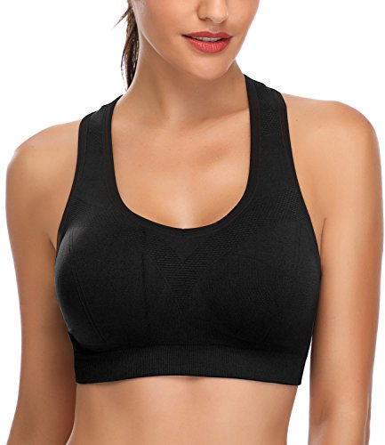 BHRIWRPY Women's Synthetic Padded Strappy Sports Activewear Wire Free Bra for Yoga Running Fitness (Black Grey and White, Small)