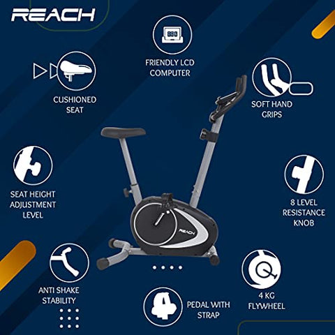 Image of Reach B-202 Magnetic Exercise Cycle with 4 kg Flywheel | Upright Stationary Bike for Cardio & Fitness | Adjustable Magnetic Resistance with Cushioned Seat | LCD Screen | Max User Weight 100kg
