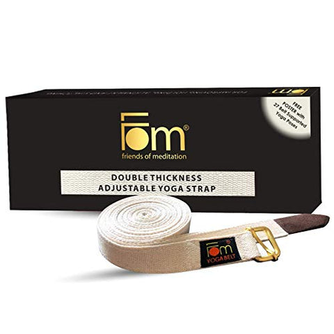 Image of FOM (Friends of Meditation) High Quality Thick and Reinforced Cotton Yoga Belt with An Adjustable Brass Buckle for Daily Stretching, Yoga, Pilates, Physical Therapy, Fitness (White, 10ft x 1”).