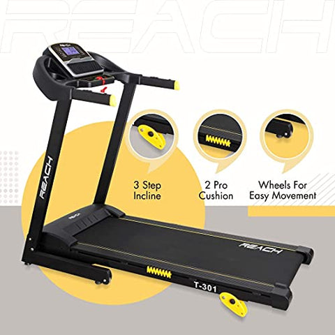 Image of Reach T-301 Folding Treadmill Peak 4 HP | Foldable Home Fitness Equipment with LCD Display for Walking & Running | Cardio Exercise Gym Machine | 4 Incline Levels | 12 Preset or Adjustable Programs | Bluetooth Connectivity | 100 Kgs Max User Weight