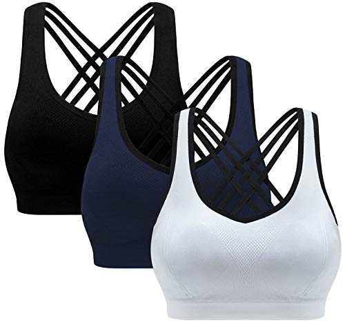 MIRITY Padded Strappy Sports Bras for Women Fashion Comfy Activewear Workout Bra Pack of 3, Black Blue White, Small