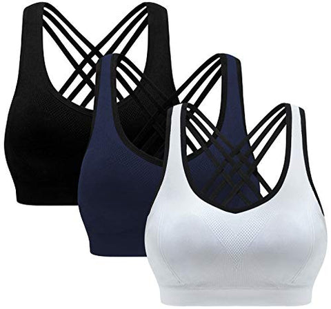 Image of MIRITY Padded Strappy Sports Bras for Women Fashion Comfy Activewear Workout Bra Pack of 3, Black Blue White, Small