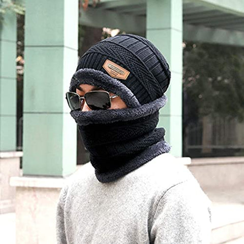 Image of Handcuffs Winter Beanie Hat Scarf Set 2-Pieces Warm Knit Hat Thick Fleece Lined Winter Hat & Scarf for Men Women (Black)