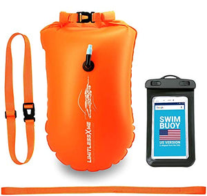 LimitlessXme Swim Buoy & Drybag - Safety for Swimmers, Open Water and Triathlon. Pull Buoy for Adults and Kids. Orange Signal Swimming Bubble