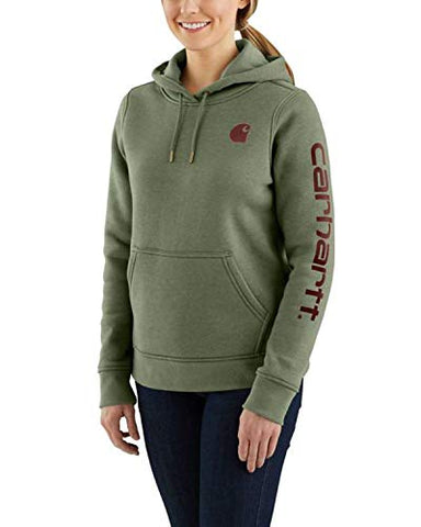 Image of Carhartt Women's Clarksburg Graphic Sleeve Pullover Sweatshirt (Regular and Plus Sizes), Olivine Heather, XX-Large
