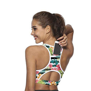 Ultrafun Women Running Sports Bra Back Pocket Padded Activewear Bra Tank Tops (Flower, Large)