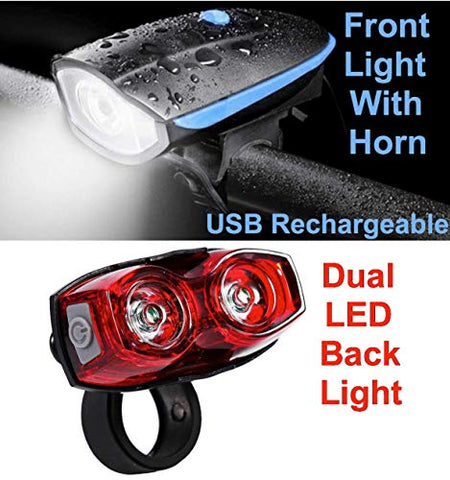 Image of Inditradition Combo of Bicycle Bike Front Headlight with Horn (Rechargeable) & Dual LED Bicycle Rear Tail Light (Pack of 2)