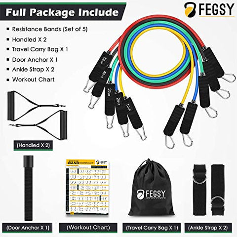 Image of FEGSY Resistance Bands Set for Exercise, Stretching, and Workout Toning Tube Kit with Foam Handles, Door Anchor, Ankle Strap, and Carrying Bag for Men, Women
