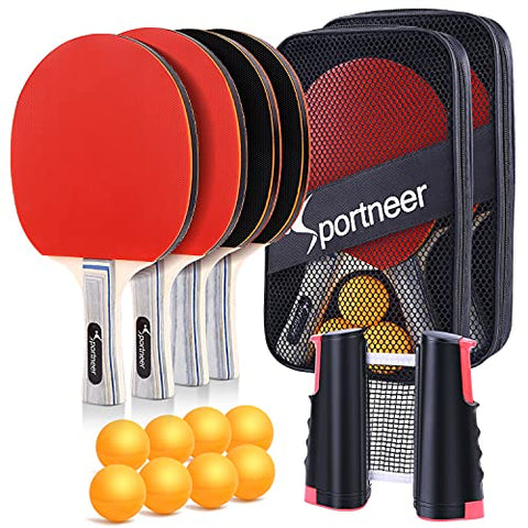 Image of Sportneer Table Tennis Set, Red and Black Double-Sided Table Tennis Set of 4 Rackets and 8 Balls and 2 Storage Bag and 1 Net for Children Adult Advanced Home Team Indoor or Outdoor Play,Best Gift for Boys and Girls