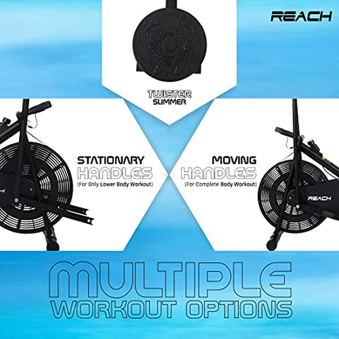 Image of Reach AB-110 Air Bike Exercise Fitness Gym Cycle with Moving or Stationary Handle Adjustments for Home - 3 Options (Normal Seat | Back Support Seat |Twister) (Back Support Seat & Twister)
