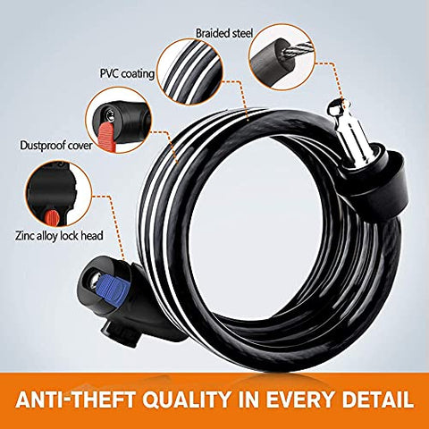 Image of FABSPORTS Cable Bicycle Lock Anti-Theft with 2 Keys, Waterproof Portable Bike Lock 90 cm Coiling Cable with Mounting Bracket (Black)