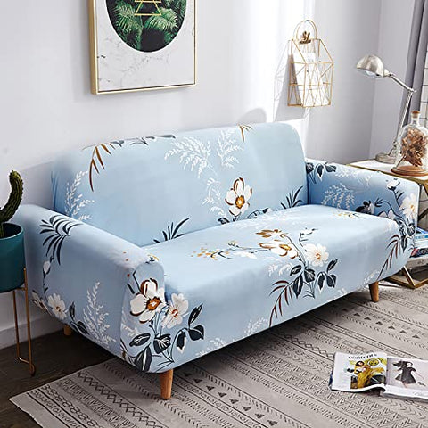 Image of House of Quirk Universal Single Seater Sofa Cover Big Elasticity Cover for Couch Flexible Stretch Sofa Slipcover Floral Prints (Single Seater, Sky Blue Big White), Polyester & Spandex, Floral