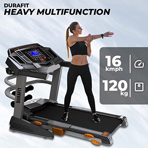 Durafit Heavy Multifunction 5 HP Peak DC Motorized Treadmill with Max Speed 16 Km/Hr, Max User Weight 120 Kg, Spring Suspension Technology