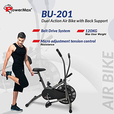 Image of PowerMax Fitness BU-201 Dual Action Air Bike/Exercise Bike with Back Support System for Home Workout, black