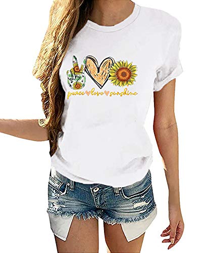 Ferrtye Womens Sunflower Print Graphic T Shirts Short Sleeve Novelty Summer Tops (White, Large)