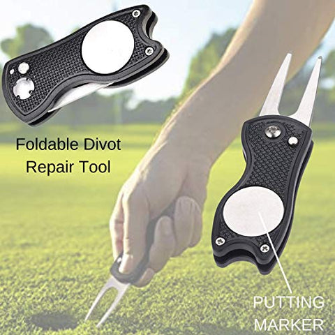 RE Goods Golf Accessories 6 in 1 Value Pack - Towel, Ball Holder, Golf Club Brush w/Groove Cleaner, Divot Repair Tool, Ball Stencil, Tee Holder, Putting Markers | Gift Set (Golf Balls Not Included)