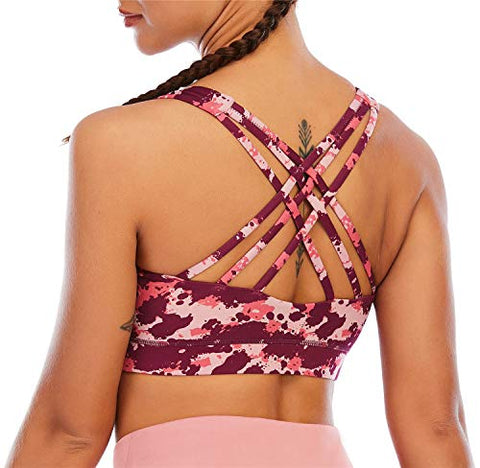 Image of Fancyskin Strappy Sports Bras for Women Cross Back Sexy Padded Yoga Bra Tops Cute Activewear Pink Slash XS