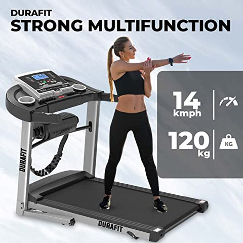 Image of Durafit Strong Multifunction 4 HP Peak DC Motorized Treadmill with Max Speed 14 Km/Hr, Max User Weight 120 Kg, Manual Incline, Free Installation Assistance