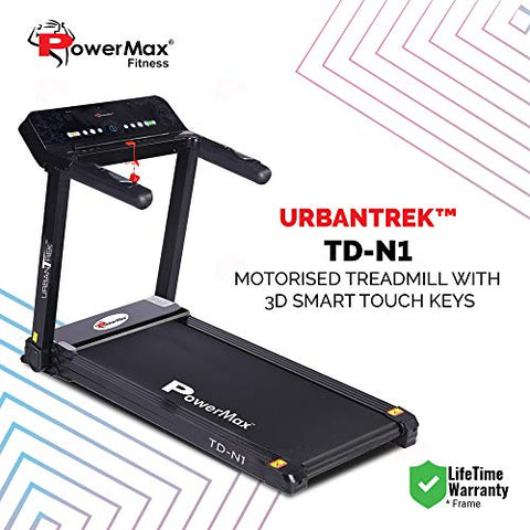 Image of PowerMax Fitness TD-N1 (4HP) Motorised Treadmill for Home [Speed:12kmph, Max User Weight:90kg, Foldable, 12 Workout Programs, Spax App] Free Installation Assistance & Demo - 3 Year Motor Warranty