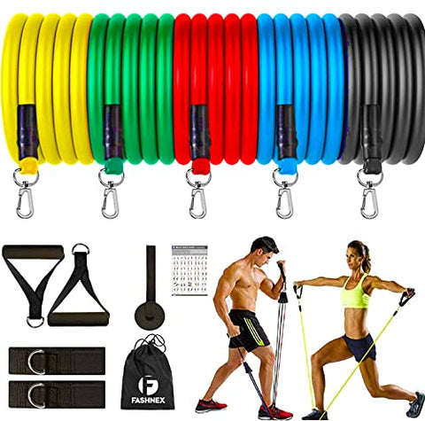 Image of Fashnex Resistance Bands Set for Exercise, Stretching and Workout Toning Tube Kit with Foam Handles, Door Anchor, Ankle Strap and Carrying Bag for Men, Women (150 LB)