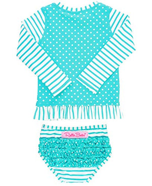 RuffleButts Little Girls Aqua Striped Polka LS Rash Guard Bikini - Aqua/White - 3T