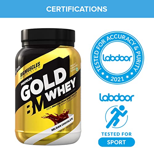 Bigmuscles Nutrition Premium Gold Whey 1Kg Whey Protein Isolate Blend, Labdoor USA certified, 25g Protein Per Serving [Belgian chocolate]